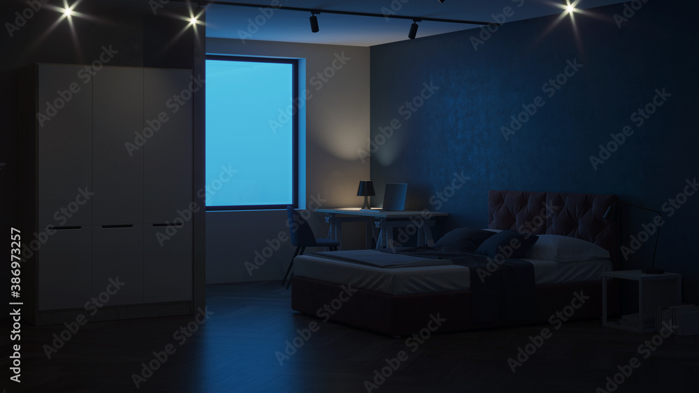 Modern bedroom interior. Bedroom with blue walls. Night. Evening lighting. 3D rendering. Modern bedroom interior. Bedroom with blue walls. Night. Evening lighting. 3D rendering.