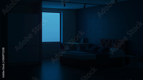 Modern bedroom interior. Bedroom with blue walls. Night. Evening lighting. 3D rendering.