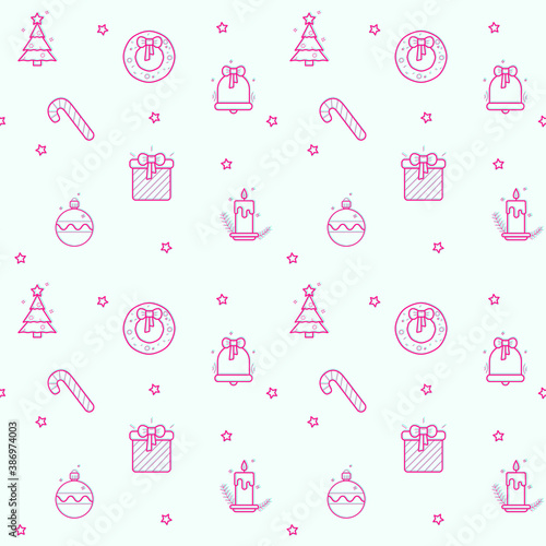 Christmas seamless pattern with Christmas tree, wreath, candle, gift, bell, candy and stars.