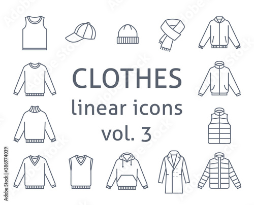 Men clothes flat line vector icons. Simple linear symbols of male basic garments. Main categories for online shop. Outline infographic elements. Contour silhouettes of sweaters, jackets, hats, coat photo