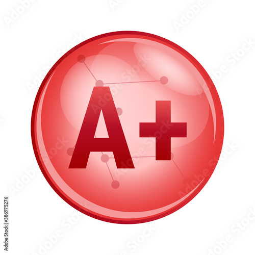 Vector red icon of blood group or blood type A+. Red donation cell isolated on a white background. Transfusion hematology icon. A+ positive, where the blood contains type-A antigens.