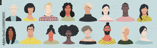 Beautiful people portrait -hand drawn flat style vector design concept illustration of a young people, men and women, face and shoulders avatar, various races and nationalities. Flat style vector icon