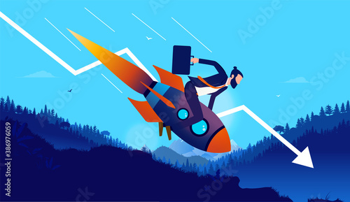 Business economy crisis - Businessman on crashing rocket going down in high speed. Downwards pointing graph in background. Vector illustration.