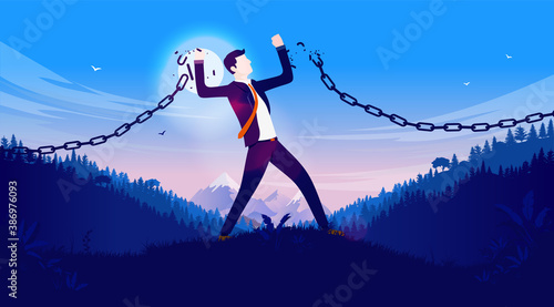 Businessman breaking chain - Man breaks free from the chains to pursue new career possibilities. Self realisation and follow your dream concept. Vector illustration.