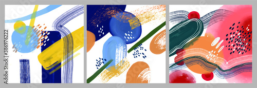 Set of Minimalist vector hand paint abstract art background with watercolor spot. Brush painting is a textural decoration with an artistic acrylic design of a poster, banner, or interior painting. 