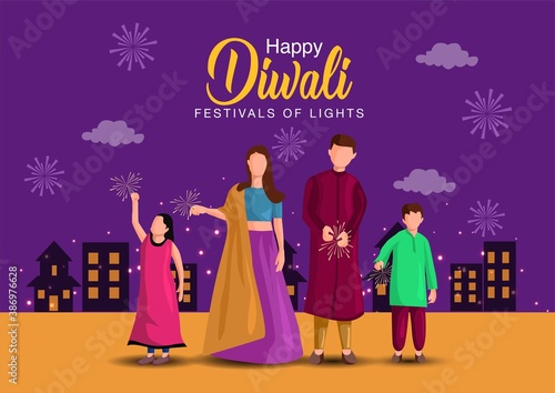 vector illustration of Hindu family celebrating on Happy Diwali Indian holiday background.