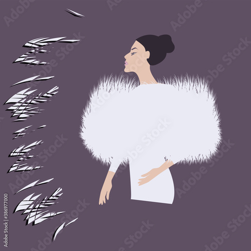 Faux fur cape, smart, white - elegant woman - abstract background - vector. Winter clothes. Beauty Fashion Salon.