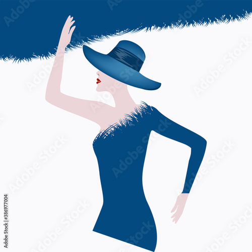 Dress with faux fur trim, smart, blue - elegant woman with hat - abstract background - vector. Winter clothes. Beauty Fashion Salon.