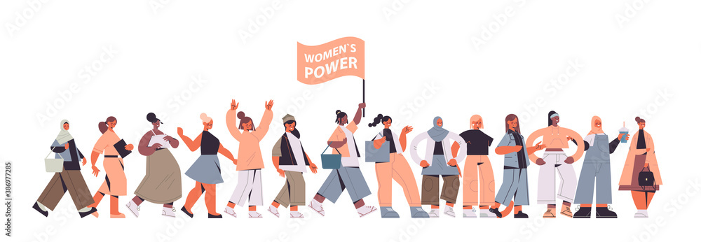 Obraz premium mix race girls activists stand together female empowerment movement women's community union of feminists concept horizontal full length vector illustration