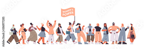 mix race girls activists stand together female empowerment movement women's community union of feminists concept horizontal full length vector illustration
