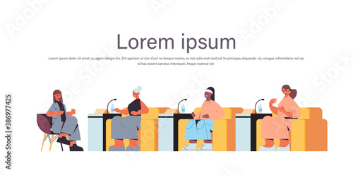 mix race female friends discussing during meeting in women's club girls supporting each other union of feminists concept horizontal full length copy space vector illustration