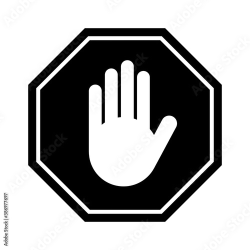 Black and White Stop Hand Block Octagon Sign or Adblock Icon. Vector Image.