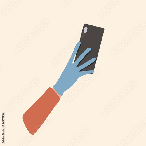 A gloved hand holding a cell phone. Gadget on the camera side. Cute cartoon illustration for design.
