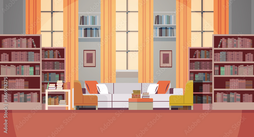 modern living room interior empty no people book club with furniture horizontal vector illustration