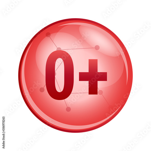 Vector red icon of blood group or blood type 0+. Red donation cell isolated on a white background. Transfusion hematology icon. 0+ positive, where the blood does not contains antigens.