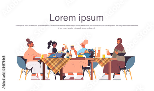 group of mix race female friends sitting at table discussing during dinner in women's club girls supporting each other horizontal full length copy space isolated vector illustration