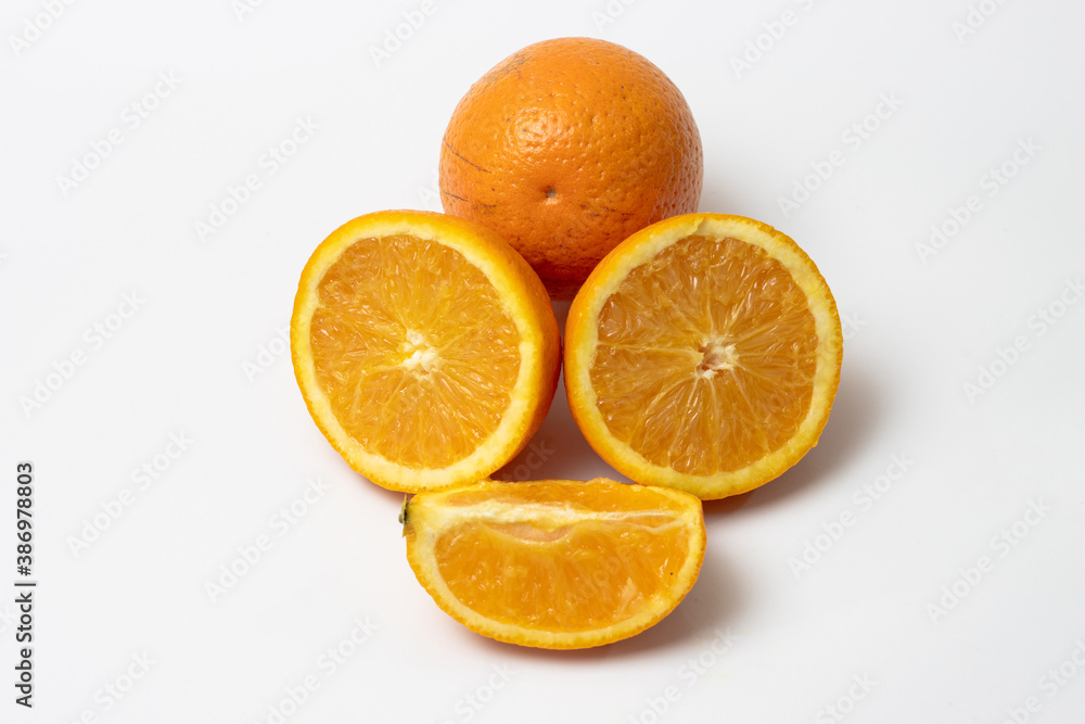 Orange fruit slices peice on isolated white background Orange fruit slices peice on isolated white background