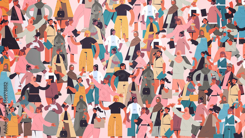 mix race girls crowd standing together female empowerment movement women's community union of feminists concept horizontal vector illustration