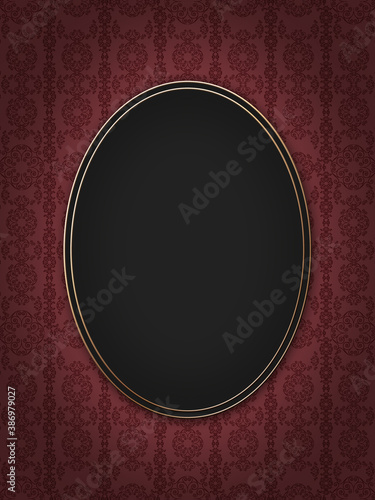 Oval gold frame on background with ornamental motifs in vintage romantic or victorian style.