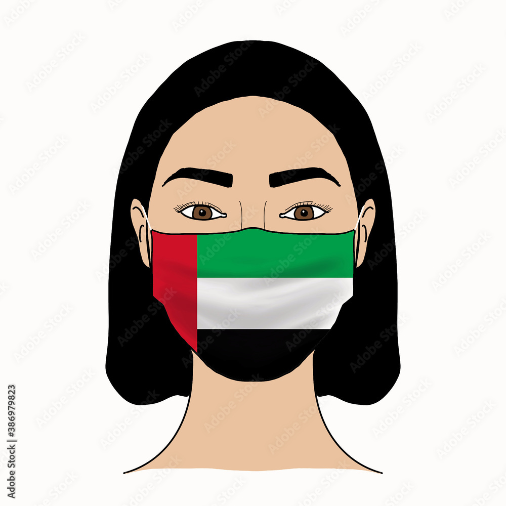 Coronavirus mask crisis. United Arab Emirates health system. Flag of United Arab Emirates coronavirus outbreak patterned mask wearing woman.
