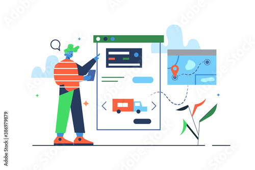 Guy chooses delivery and payment options on big virtual screen via mobile phone isolated on white background, flat vector illustration