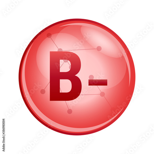 Vector red icon of blood group or blood type B−. Red donation cell isolated on a white background. Transfusion hematology icon. B- negative, where the blood contains type-B antigens.