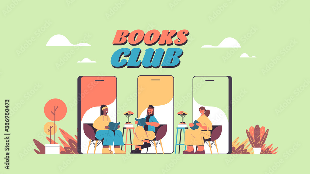 mix race women on smartphone screens reading books during video call self isolation book club concept horizontal full length vector illustration - obrazy, fototapety, plakaty 