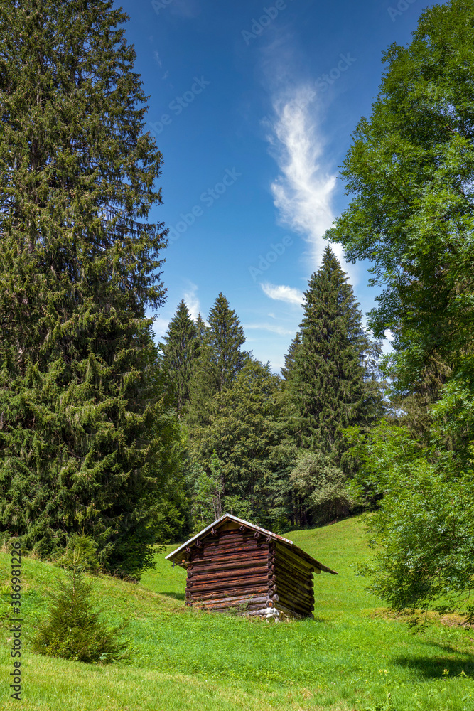 alte Holzhütte in grüner Landschaft vor bewölktem Himmel
