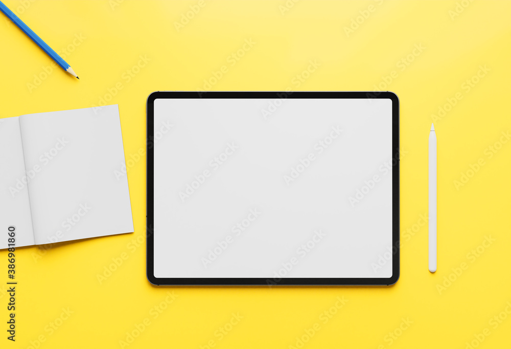 digital tablet and stylus pen vs notepade with pencil on yellow background for mockup digital tablet and stylus pen vs notepade with pencil on yellow background for mockup