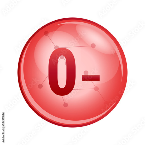 Vector red icon of blood group or blood type 0−. Red donation cell isolated on a white background. Transfusion hematology icon. 0- positive, where the blood does not contains antigens.