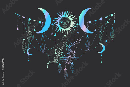 Vector illustration set of moon phases. New style, holographic background, trend shimmer. Different stages of moonlight activity in vintage engraving style.