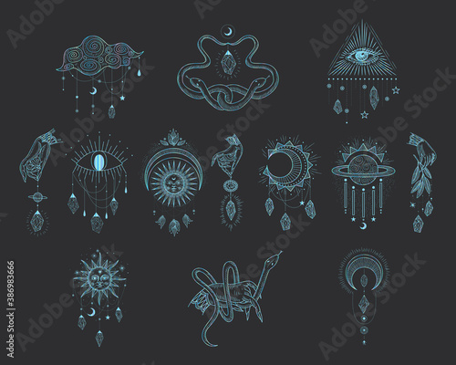 Vector illustration set of moon phases. New style, holographic background, trend shimmer. Different stages of moonlight activity in vintage engraving style.