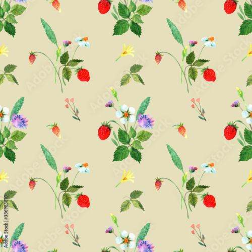 Wallpaper Mural Woodland seamless pattern with wild flowers, leaves, strawberries. Watercolor illustration. Hand drawn nature seamless texture, textile, fabric, wallpaper, background, wrapping paper Torontodigital.ca