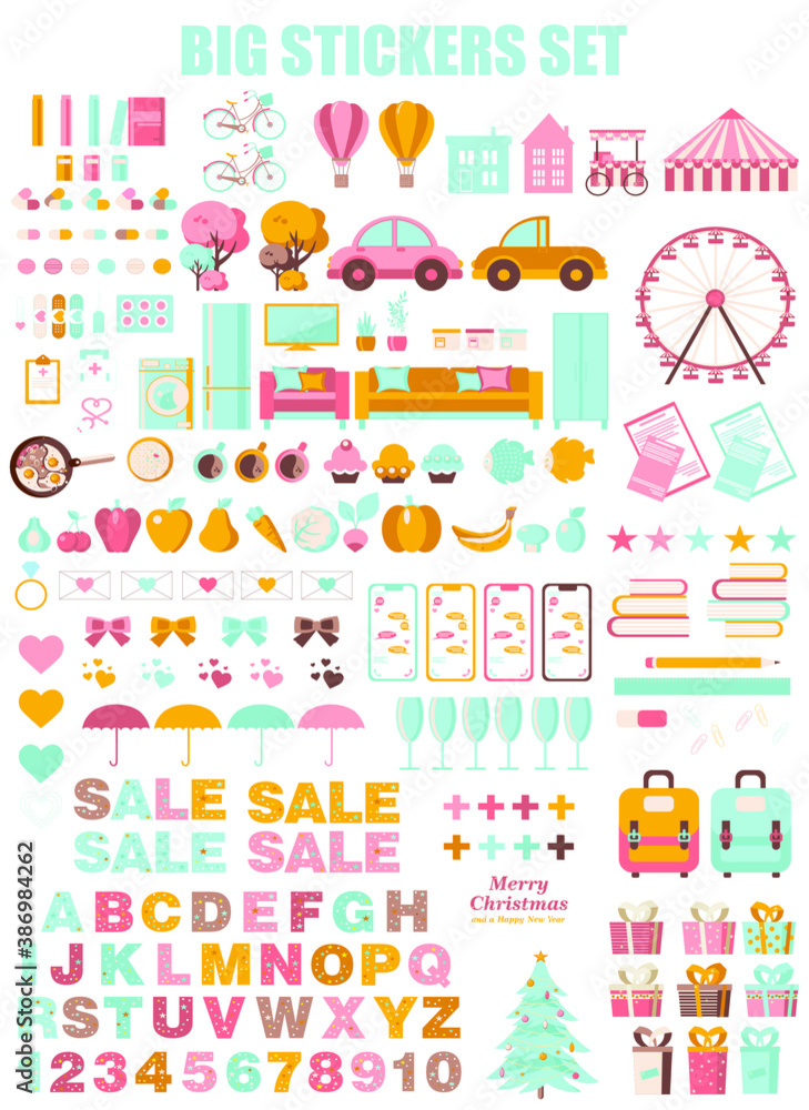 Planner stickers. Big set of funny illustrations in hand-drawn cartoon style. Ideal for girls calendar, annual planner. Holidays, medicine, travel, beauty. Vector isolates on a white background Planner stickers. Big set of funny illustrations in hand-drawn cartoon style. Ideal for girls calendar, annual planner. Holidays, medicine, travel, beauty. Vector isolates on a white background