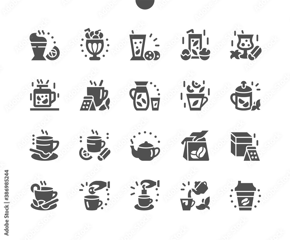 Hot drinks. Delicious coffee, cappuccino, tea with lemon. Coffee to go. Coffee house. Menu for restaurant and cafe. Vector Solid Icons. Simple Pictogram