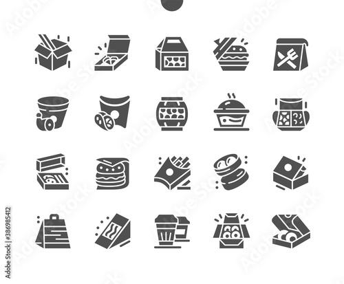Food delivery service. Different packages. Carton packaging box. Containers in various shapes. Menu for restaurant and cafe. Vector Solid Icons. Simple Pictogram