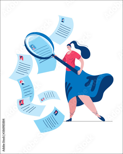 HR Manager uses a magnifying glass to view various resumes. Vector illustration in flat style.