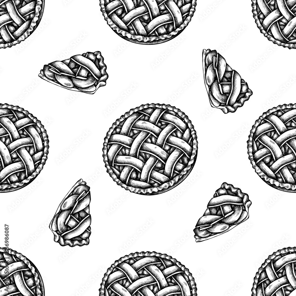 Seamless pattern with black and white apple pie