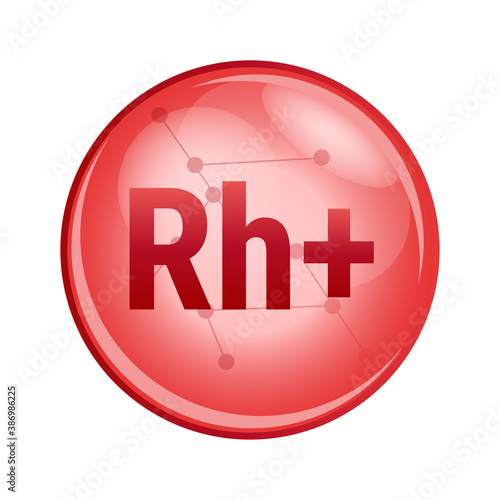 Vector red icon of Rh+ from the blood group system, which determines blood type. Rhesus or Rh factor. Rh-positive where the blood contains D antigens. Rh+ icon is isolated on a white background.