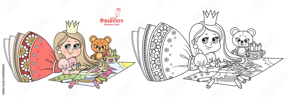 Cute cartoon princess draws with colored pencils lying on the floor ...