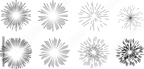 Radial speed Lines in Circle Form for comic books . fireworks Explosion background . Vector Illustration . Starburst round Logo . Circular Design element . Abstract Geometric star rays . Sunburst .