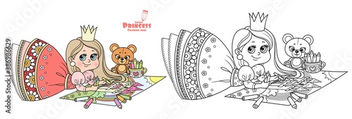 Cute cartoon princess draws with colored pencils lying on the floor outlined and color for coloring book