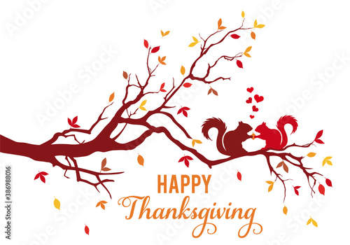 Thanksgiving card, autumn tree with squirrels and falling leaves, vector