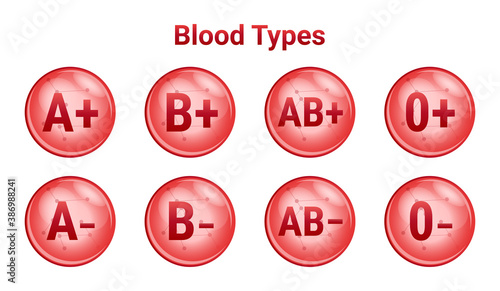 Vector set of eight red medical icons of blood groups or blood types A, B, AB, 0. Red donation cells isolated on a white background. Transfusion hematology icons. Positive and negative blood types.