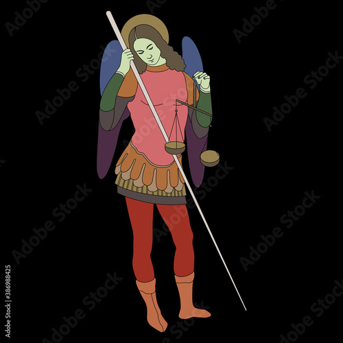 Winged angel or archangel with wages and spear. Religious Christian character.