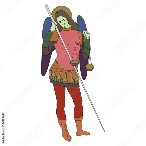 Winged angel or archangel with wages and spear. Religious Christian character.