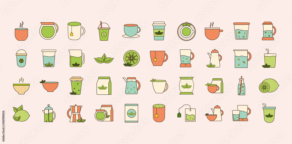 tea line and fill style icon collection vector design tea line and fill style icon collection vector design