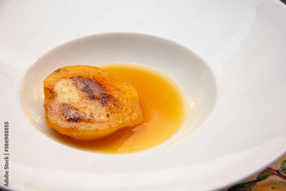 Dessert of pear brulee with dolce gorgonzola cheese Dessert of pear brulee with dolce gorgonzola cheese