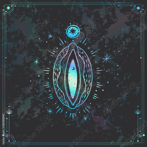 Vector illustration set of moon phases. New style, holographic background, trend shimmer. Different stages of moonlight activity in vintage engraving style.