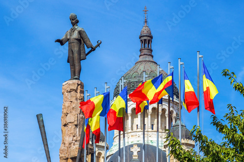 Statue of Avram Iancu and orthodox cathedral, Cluj Napoca, Romania photo